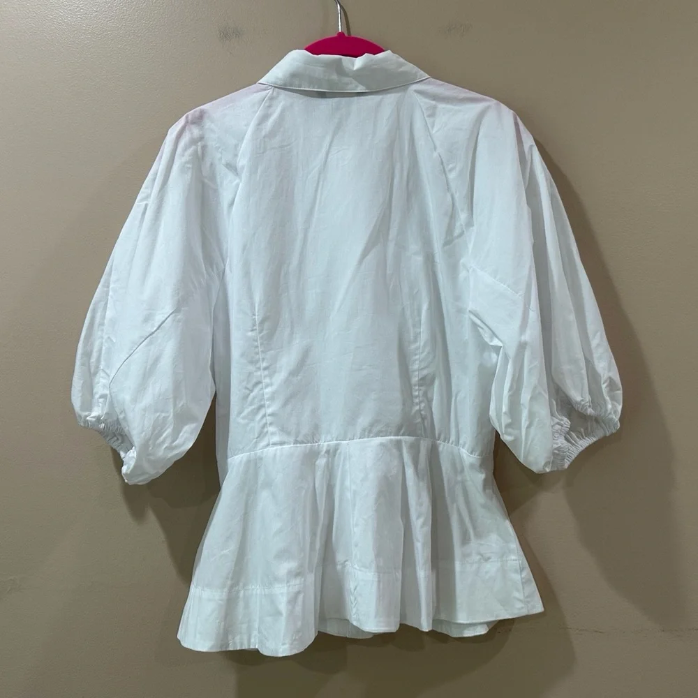 ZARA White Cotton Poplin Balloon Sleeve Top Flared Hem Hidden Button Shirt Large